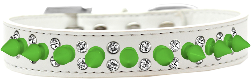 Double Crystal and Neon Green Spikes Dog Collar White Size 12